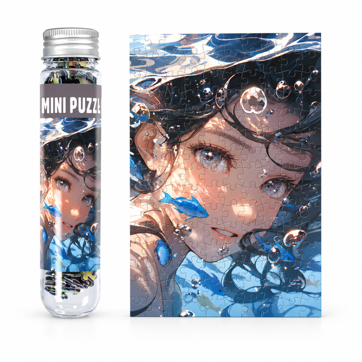 Mini Bottle Jigsaw Puzzle with a silver lid beside girl-and-fish puzzle artwork.